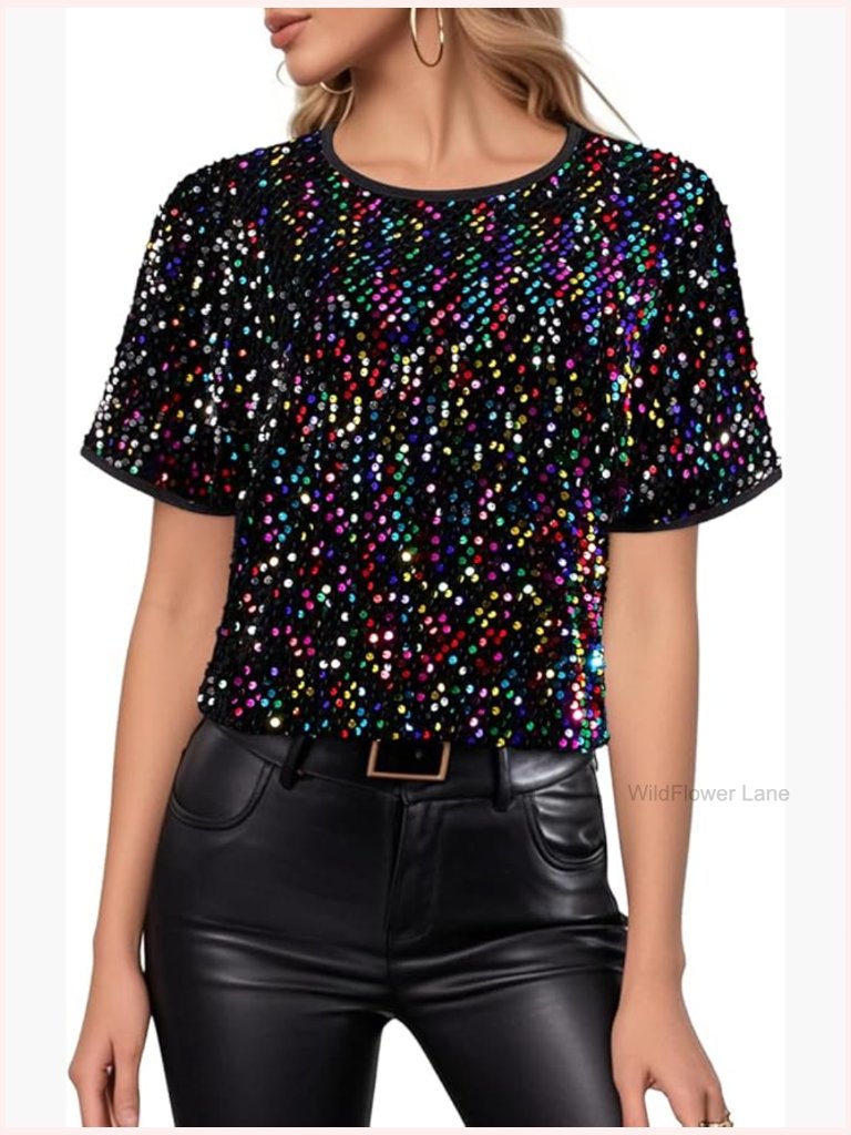 Sequin T-Shirt Short Sleeve Crew Neck Glitter Loose Top Sparkly Blouse For Party